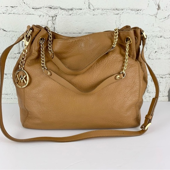 Michael Kors Gold Chain Jet Set Drawstring Tan Brown Leather Satchel Purse - Picture 2 of 12